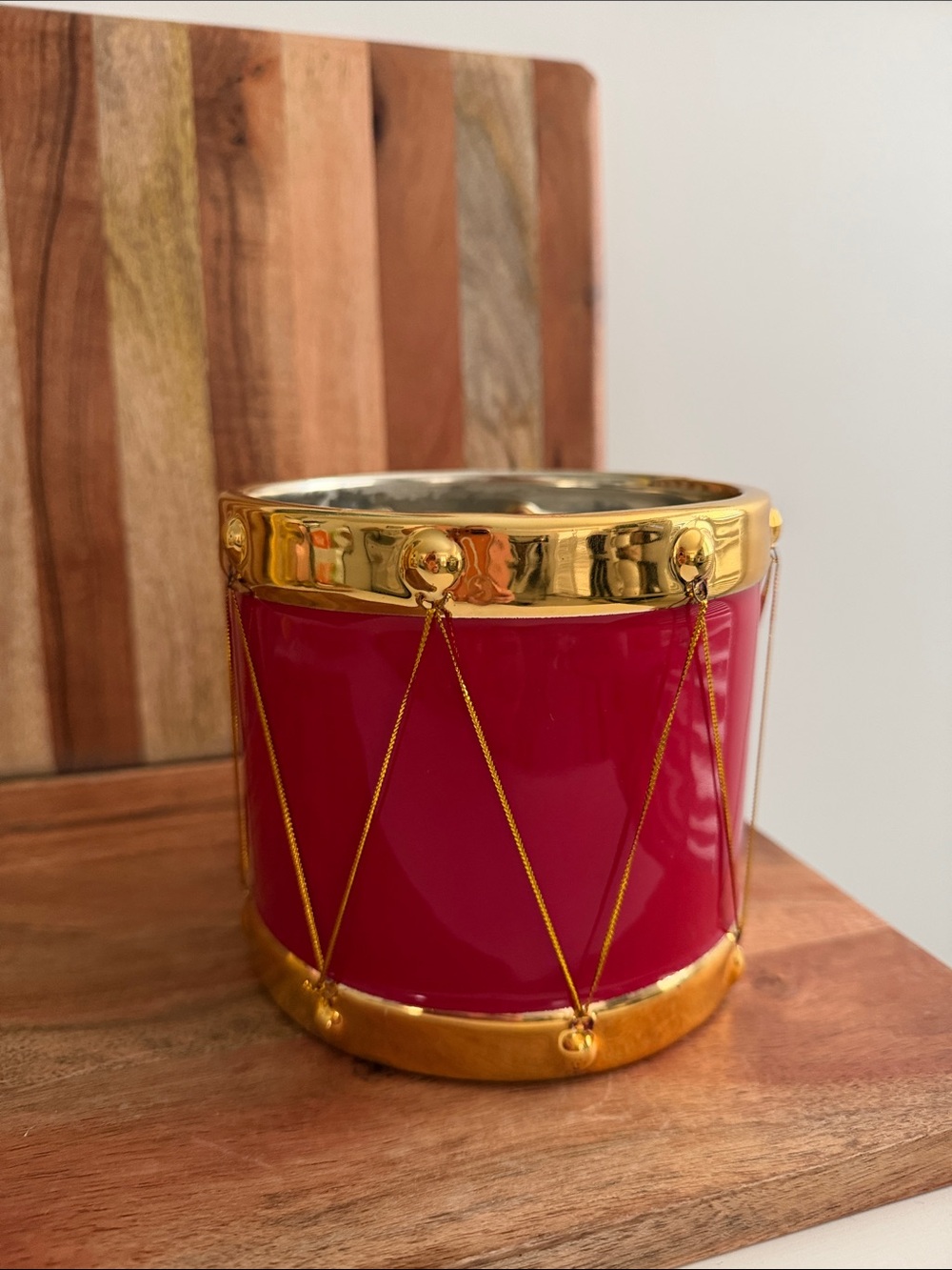 Red Drum Accent Plant Christmas Tree Holder with Gold Trim Festive